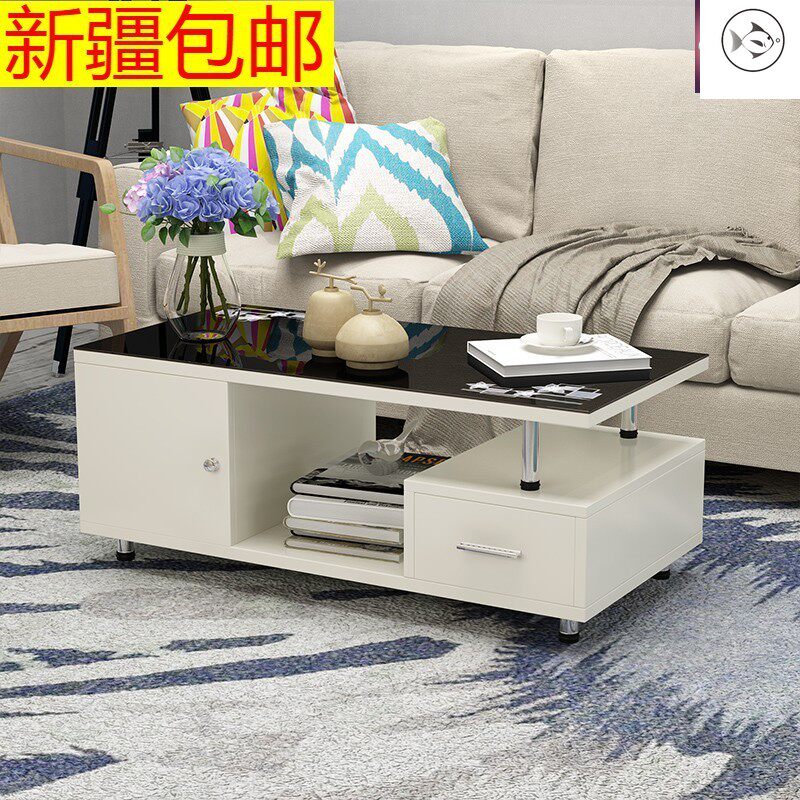 Xinjiang tea table tempered glass tea table with drawer storage tea table small apartment side table double black