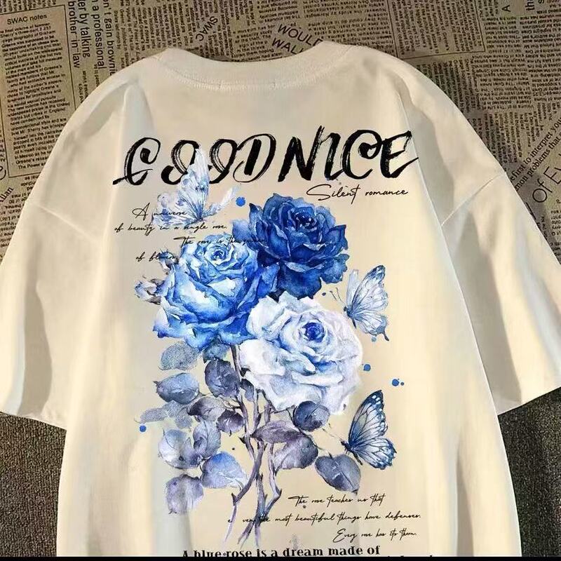 100% Pure Cotton American Fashion Brand Vintage Retro Butterfly Rose Short-Sleeved T-Shirt for Men and Women Summer Couple Tops 100% Pure Cotton American Fashion Brand Vintage Retro Butterfly Rose Short-Sleeved T-Shirt for Men and Women Summer Couple Tops
