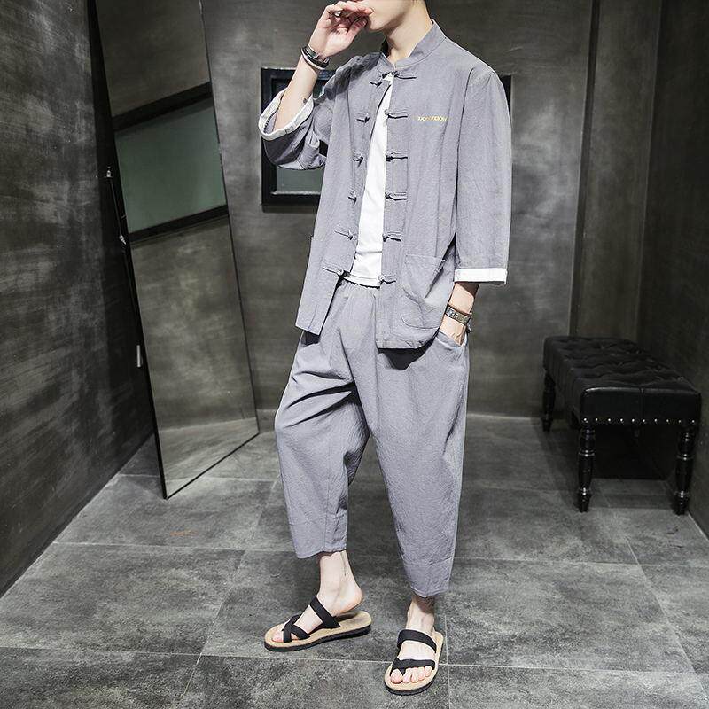 Tang suit men's clothing youth Chinese style Han clothing Chinese style ancient style tunic suit linen cotton linen suit short-sleeved trendy