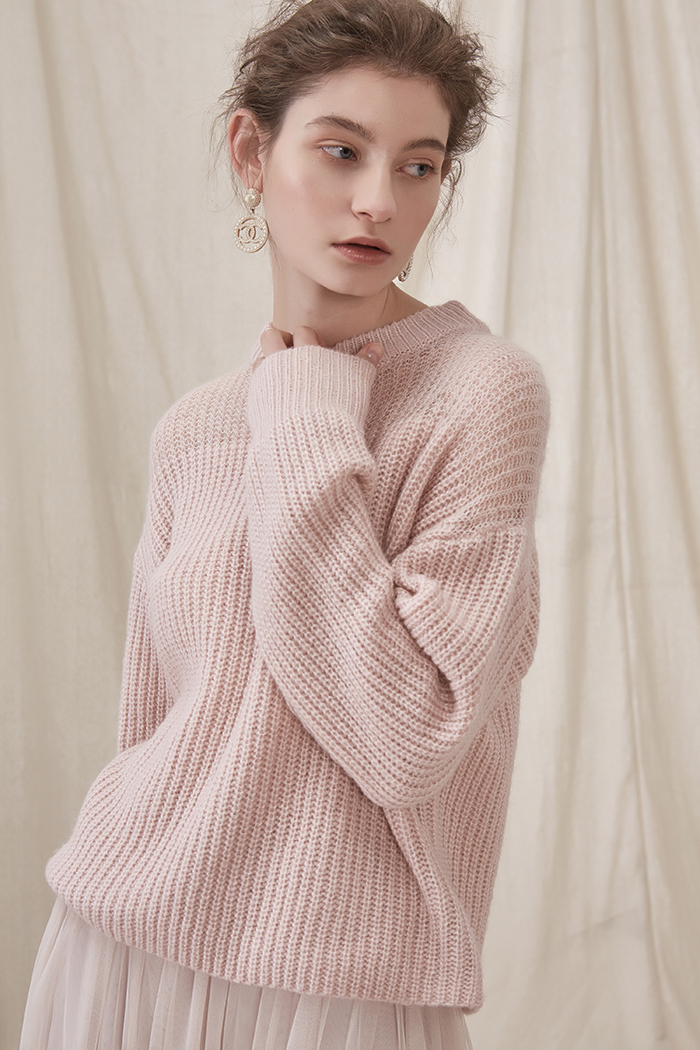 Oz Country Sweet Pale Pink Nhập khẩu Mohair Wool Blend Hollow Loose Round Cổ đan áo len mùa thu áo len nữ giá rẻ