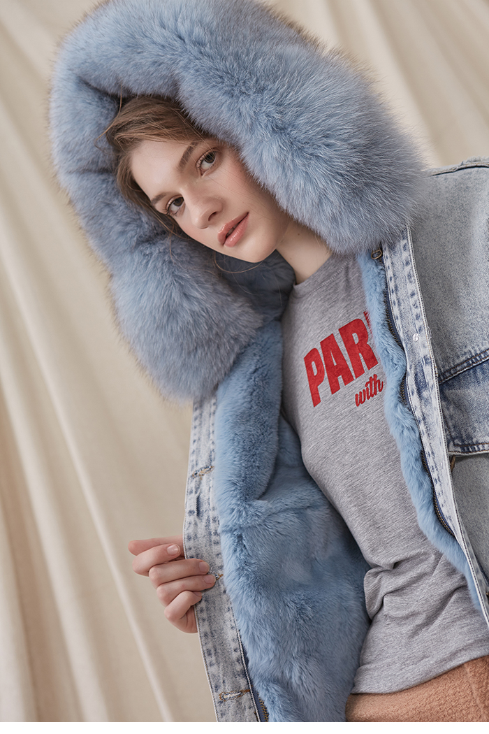 Áo khoác da nữ đồng quê Oz 2018 mới thỏ lông lót có thể tháo rời cáo lông cổ áo denim áo khoác lông áo dạ lông cừu