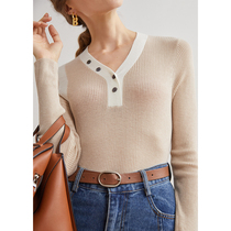 48 silk wool V-neck half-open color drawing pit pullover 6-color knitted top autumn Japanese style simple