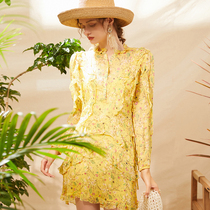 Aozhi country French garden flower chiffon dress female spring and summer new yellow romantic ruffle skirt
