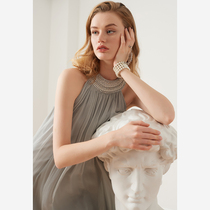 Aozhi country sleeveless silk texture French heavy industry nail bead neck dress female Light Lady dress stunning dress