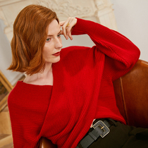 Ozhi country quality wool wrap design sense niche red sweater women autumn and winter 4 color New Year sweater shirt top