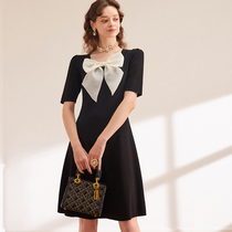 Austrian Zhiguo French bow ice silk knitted dress Summer black Hepburn style small black skirt temperament skirt