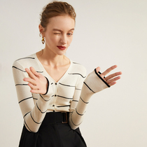 Ozhi country sweet striped wool long sleeve knitted cardigan women 5 color hem lace early autumn shirt French