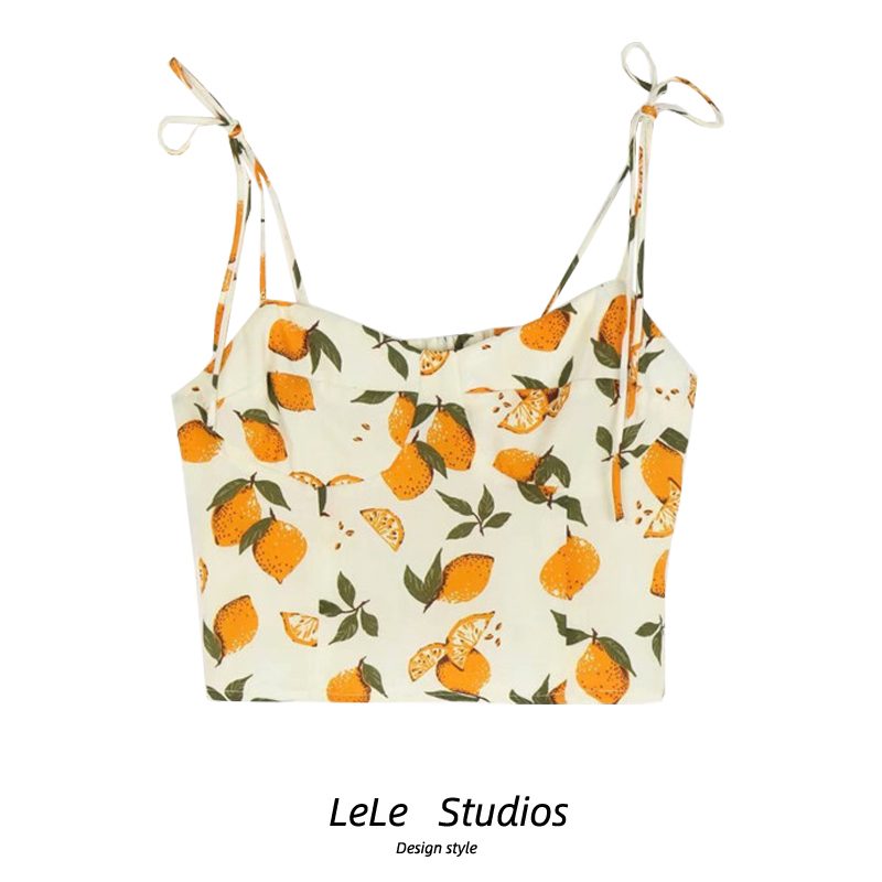  Designer-Inspired Niche Lemon Print Shoulder-Tie Beach High-Waisted Crop Top with Waist-Cinching Straps for Women