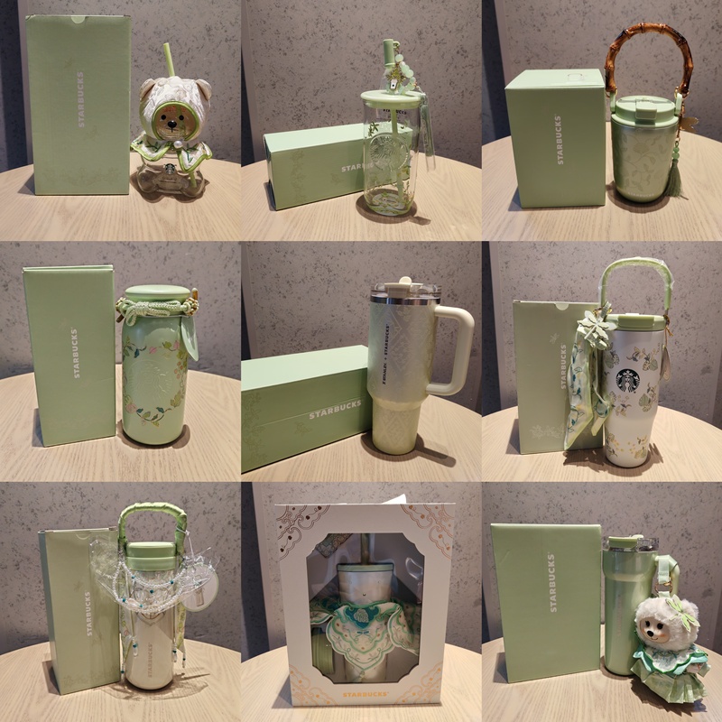 Starbucks Spring Series Little Bear Glass Straw Cup Stainless Steel Insulated Cup Double Lid Gift Box Chinese Style Ceramic Mug
