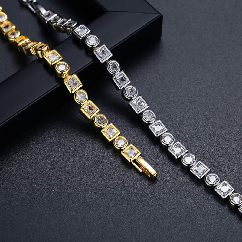 S925 Sterling Silver 18K Yellow and White Moissanite Diamond Full Diamond Bracelet Tennis Chain Unisex Square Jewelry Bracelet