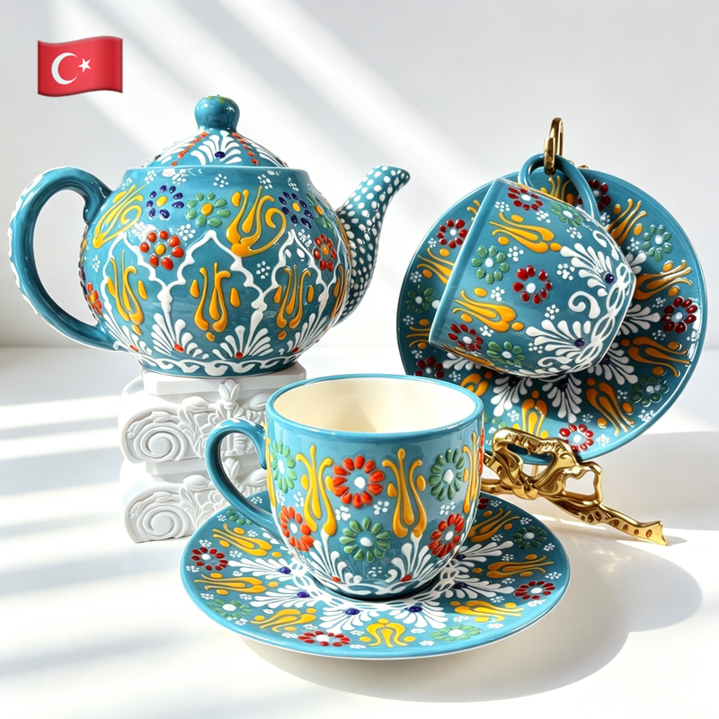 Turkish Imported Hand-Painted Ceramic Tea Set, Three-Dimensional Relief Red Tea Cup and Saucer, Household Gift, Afternoon Tea Pot