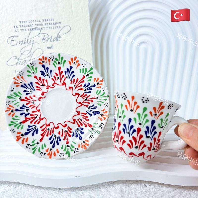 Turkish Imported Hand-Painted Coffee Cup and Saucer Set ins Trendy Internet-Famous Tea Set Embossed Ceramic Afternoon Tea Cup and Saucer