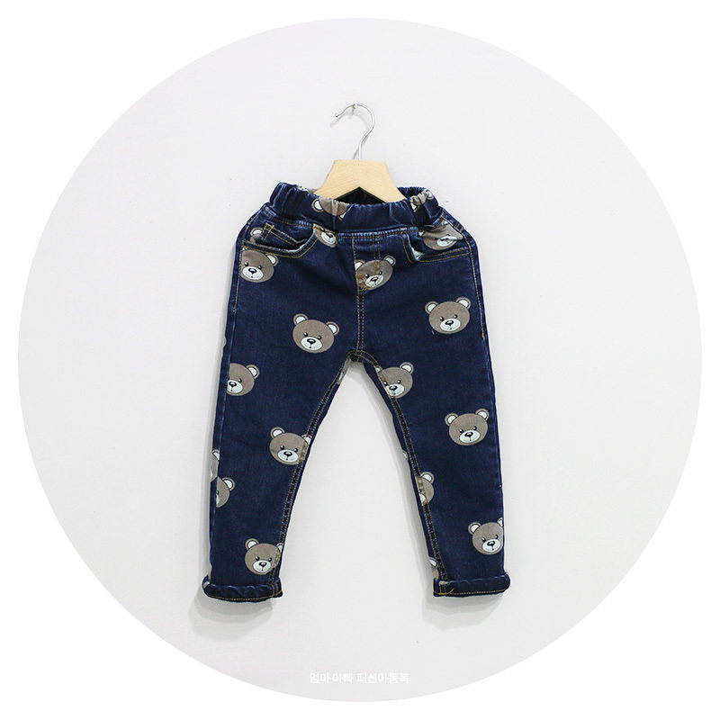 660 boys and girls plus velvet children's jeans Korean version of winter children's clothing full of printed cute bear thick cotton pants
