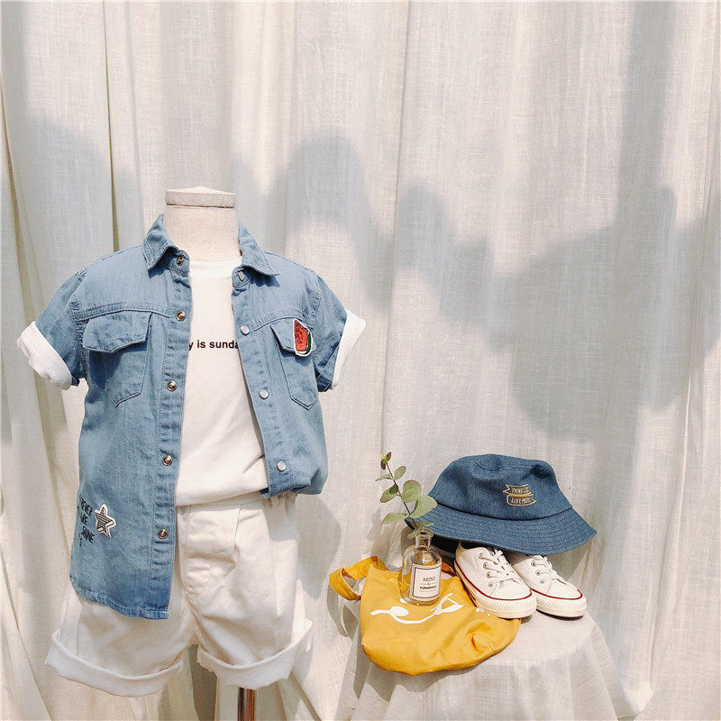 176 Summer cotton short sleeve leads children shirt jeans blue button watermelon paste thin and breathable