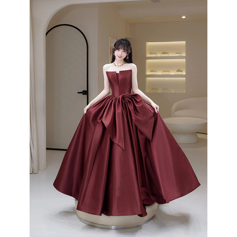 Strapless Toast Dress 2026 New Style Bride Engagement Dress Burgundy Student Coming-Of-Age Ceremony Princess Evening Dress for Women