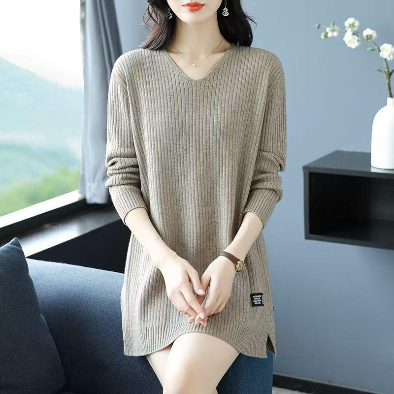 V-Neck Mid-Length Sweater for Women, Covers the Hips, Suitable for Autumn and Winter, Loose and Stylish, Ribbed Knit, Plus Size, with Label