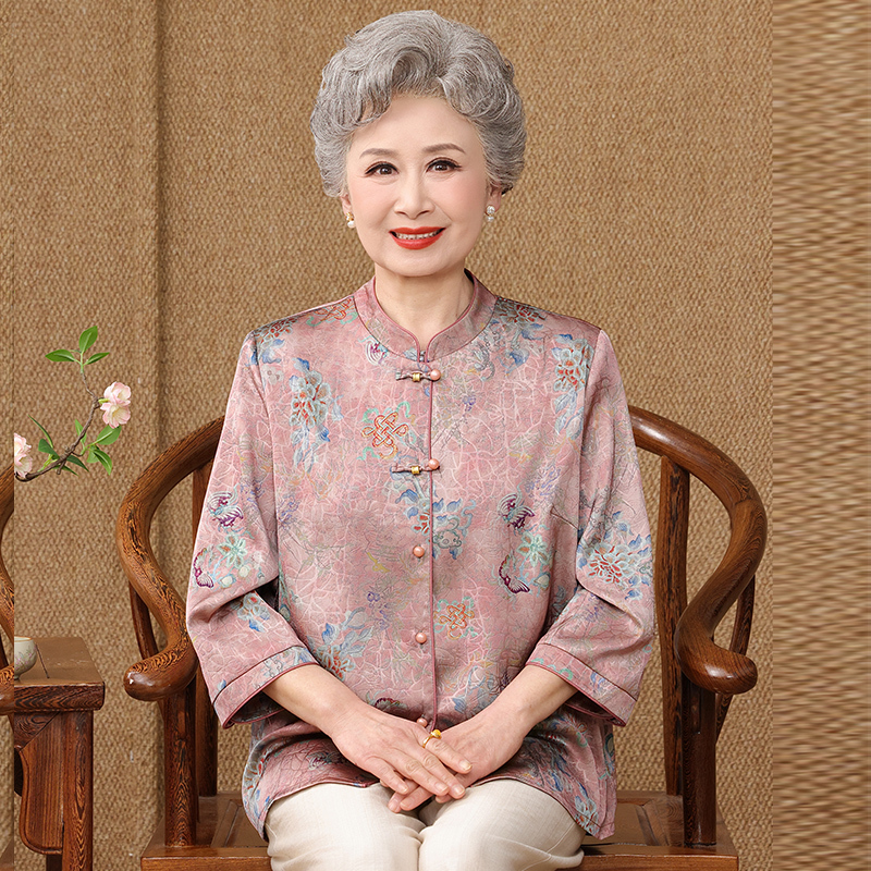 Spring Clothing for Middle-Aged and Elderly Women, 60-70 Year Old Mother's Clothing, Summer Suits, Grandma's Clothing, Tang Suit Shirts, Plus-Size Tops