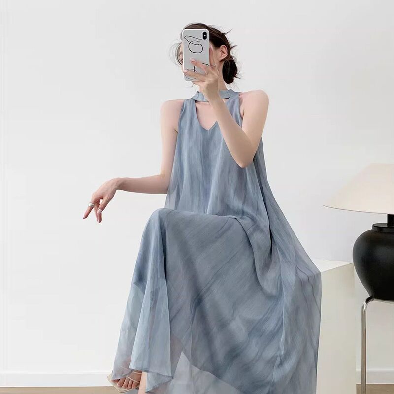 Vacation Style Maternity Halter Neck Dress for Women, Summer Blue Long Dress, Sleeveless, Elegant and Lazy Style Dress for Trendy Moms