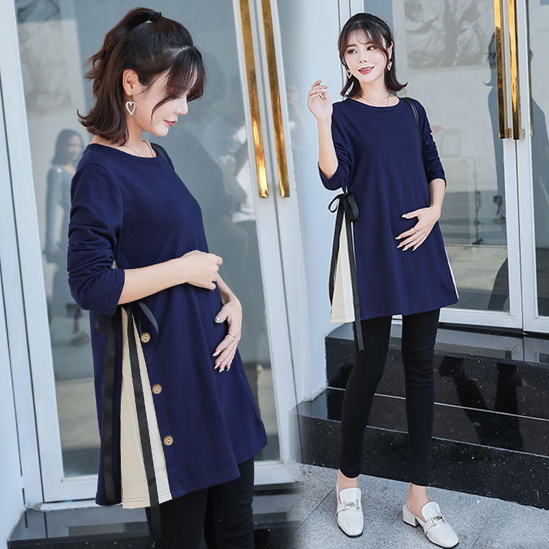 Maternity Autumn Fashion Korean Style Loose Tops Base Shirts Mid-Length Spring, Autumn, and Winter Long-Sleeve T-Shirts Sweet and Trendy