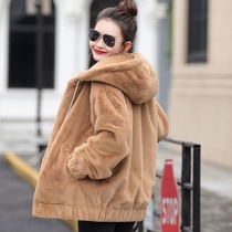 Maternity plush hooded coat for autumn outer wear plus velvet and thick imitation rabbit fur western style high-end large size winter wear 2021 new style