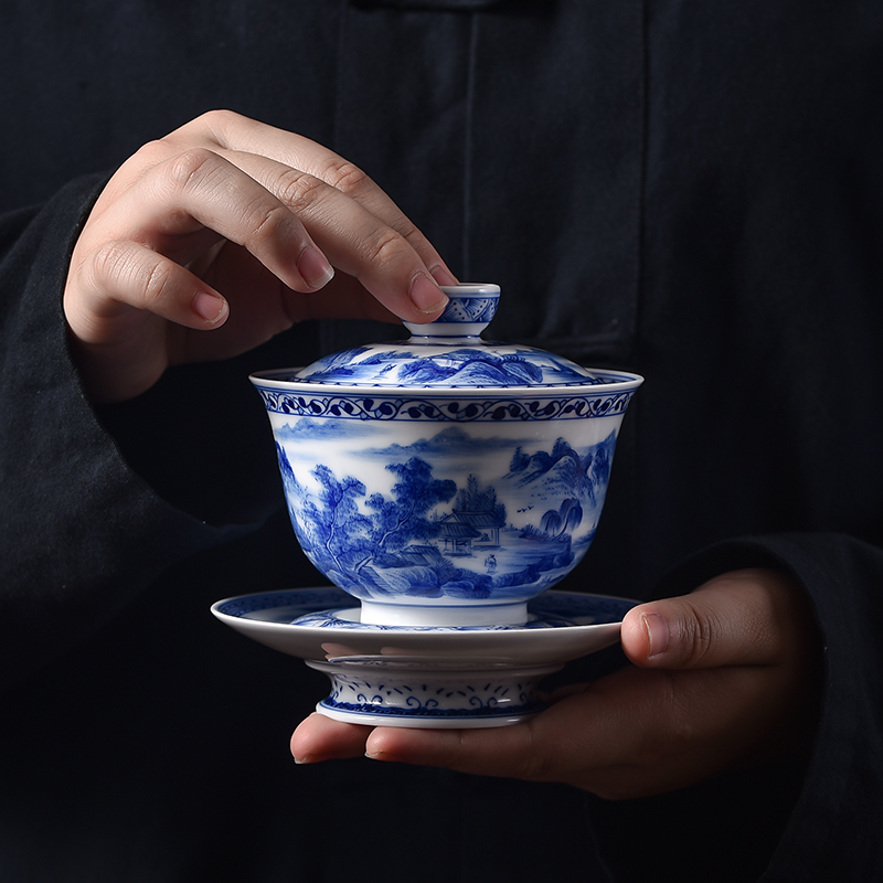 Three tureen suit only a single large jingdezhen checking home landscape thin foetus blue - and - white hand - made tea bowl