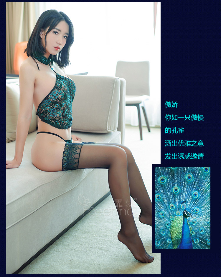 Sexy tạp dề phụ nữ gợi cảm phù hợp với người lớn thêu cổ điển thêu con công ren ba điểm đồ lót trong suốt áo choàng ngủ