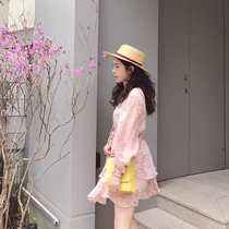 Via Vela fairy dress pink star v-neck print chiffon dress women Summer ruffles layer cake skirt