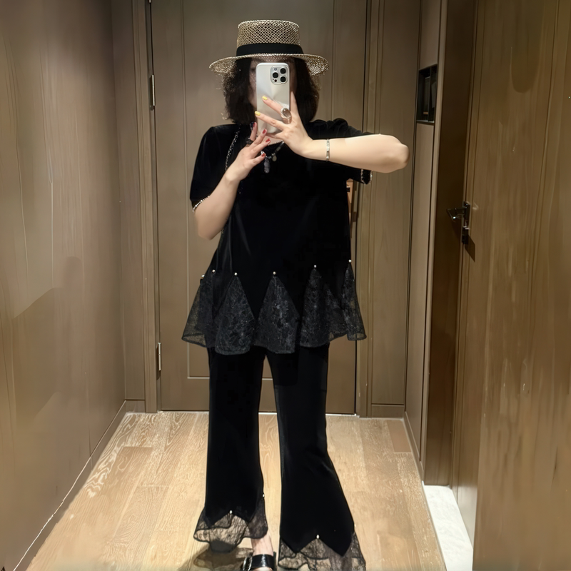 Mesh Patchwork Elegant Suit for Women 2026 Summer Plus Size Loose Velvet T-Shirt + Slimming Long Pants Two-Piece Set Mesh Patchwork Elegant Suit for Women 2026 Summer Plus Size Loose Velvet T-Shirt + Slimming Long Pants Two-Piece Set