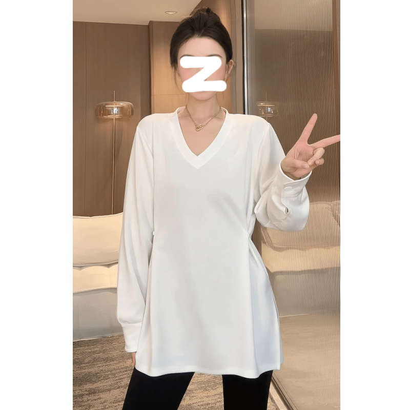 Waist-Cinching Long-Sleeve V-Neck T-Shirt 2026 Autumn Plus Size for Chubby Women Solid Color Casual Loose Versatile Long-Sleeve New Top for Women