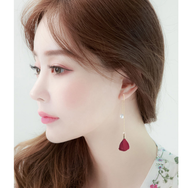 s925 sterling silver earrings femininity red earrings Korean personality all-match simple pearl ear wire long hypoallergenic