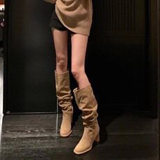 Западные Boots 高级感~辣妹！大筒围胖mm长靴女显瘦套筒褶皱堆堆高跟西部牛仔靴