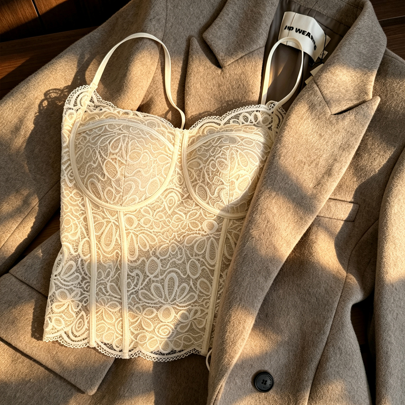 Original Off-White Lace Fishbone Camisole for Women, Autumn and Winter Suit Inner Wear with Chest Pads, Waist-Cinching Tube Top, Slimming Outerwear Vest