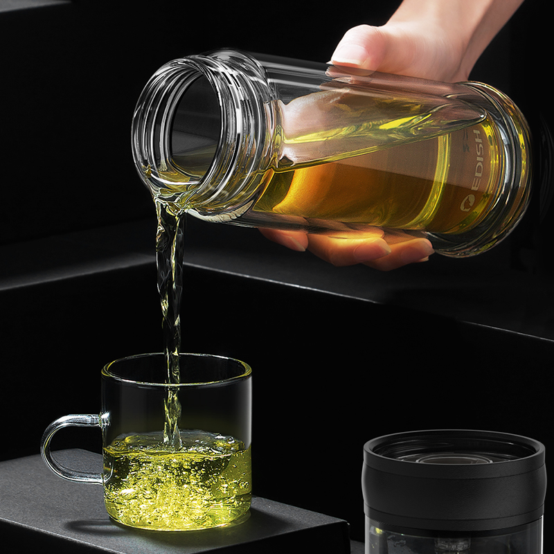 德国EDISH茶水分离杯透明双层玻璃茶杯泡茶杯子男士便携过滤水杯