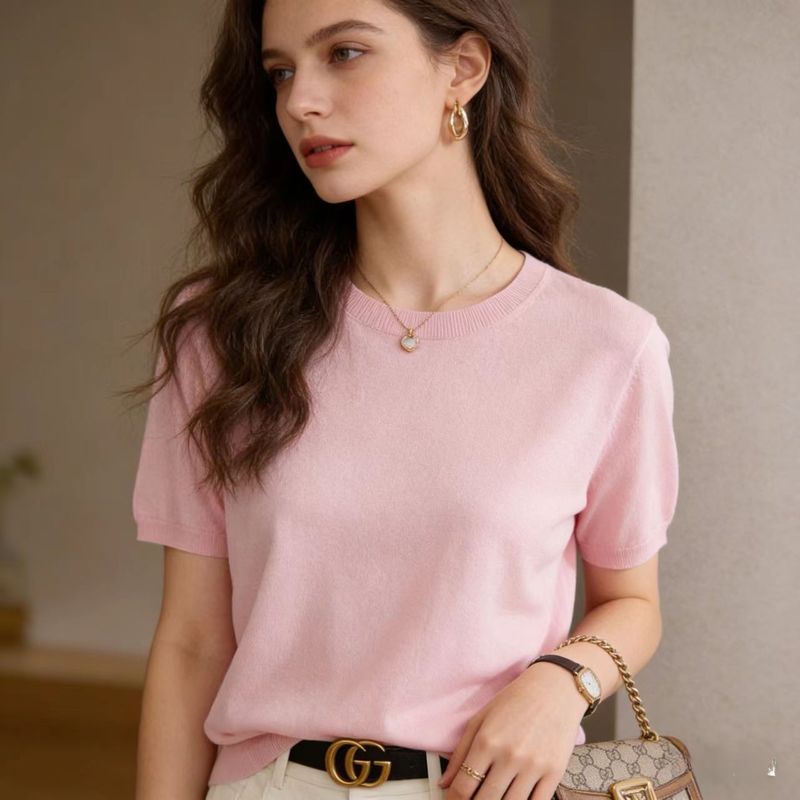 Machine Washable Yangzi Yarn 100% Merino Wool Round Neck Short-Sleeved Knitwear for Women, Thin Loose Sweater Base Layer