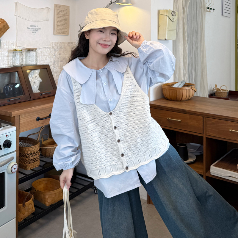 Plus Size Women's Clothing, Early Autumn New Korean Style Loose Doll Collar Shirt, Embroidered Vest, Jeans, Age-Reducing Set