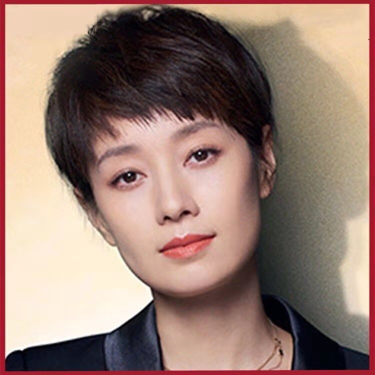 Wig female short hair Middle-aged handsome fluffy natural neutral face repair Korean real hair round face temperament mother