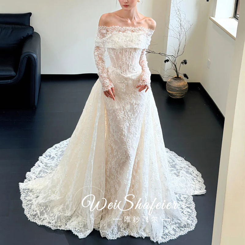 Vintage Off-Shoulder Lace Mermaid Wedding Dress 2026 New Model High-End Korean Style Petite Bride Light Tulle Gown Vintage Off-Shoulder Lace Mermaid Wedding Dress 2026 New Model High-End Korean Style Petite Bride Light Tulle Gown