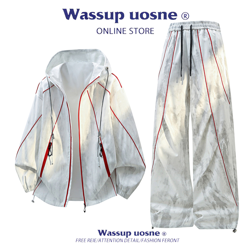 Wassup Uosne Tie-Dye Gradient Casual Suit for Boys, Autumn Loose Trendy Youth Hooded Two-Piece Set