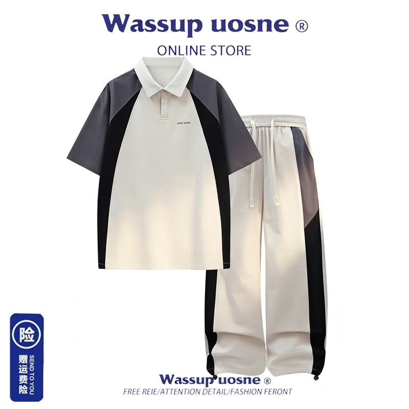 Wassup Uosne Casual Sports Suit for Men, Summer Color-Blocking Patchwork, Trendy Short-Sleeve and Long Pants Two-Piece Set for Boys Wassup Uosne Casual Sports Suit for Men, Summer Color-Blocking Patchwork, Trendy Short-Sleeve and Long Pants Two-Piece Set for Boys