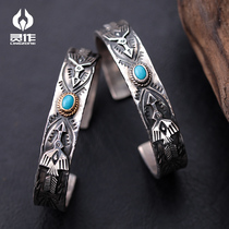  Lingzuo Silver Navajo Thunderbird 18K gold bag inlaid Sleeping Beauty Turquoise Sterling Silver bracelet handmade original bracelet