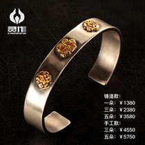  Lingsuo silver hand-made gold rose flower flat bracelet 999 sterling silver K gold Takahashi early goros style personality