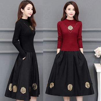 2021 fall/winter dress new female slim mid-length knitted embroidered fake two-piece long-sleeved bottoming dress