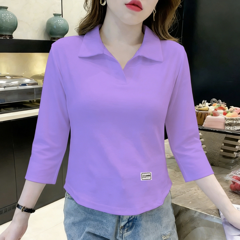 100% Pure Cotton Three-Quarter Sleeve T-Shirt for Women, Spring and Summer Wear, Versatile, Age-Reducing, Loose, Belly-Covering Polo Shirt, Casual Lapel Top