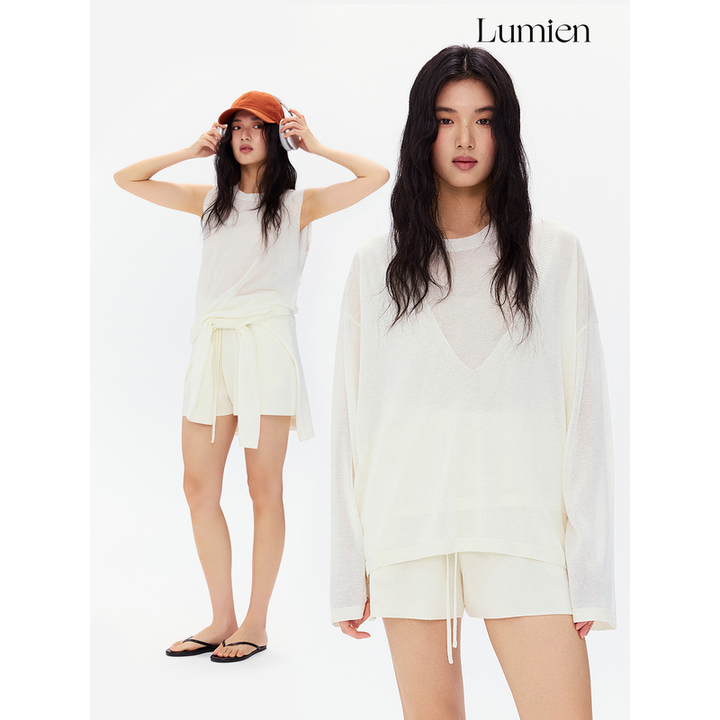 Lumien Lyocell Linen Knitted Cardigan Vest Set for Women Spring New Drawstring Shorts Three-Piece Set