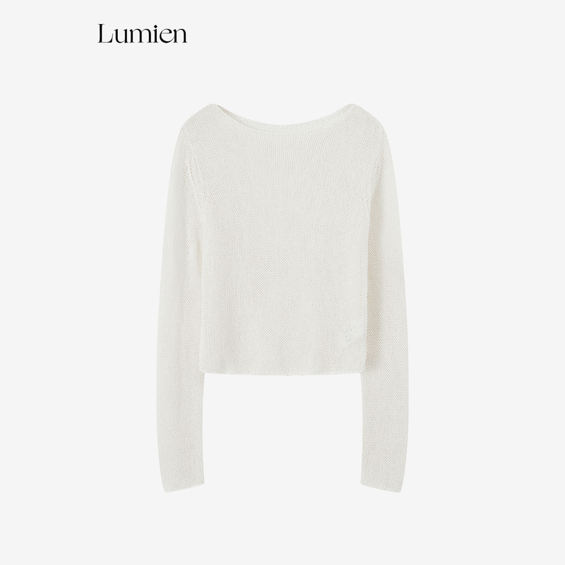 Lumien Handmade Crochet Lyocell Off-Shoulder Slightly Sheer Knit Top for Women, New Slim-Fit Base Shirt for Summer