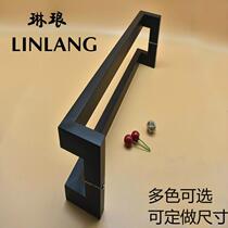 Modern simple glass Wood moving push pull large door handle stainless steel framed square tube double bend sub black handle