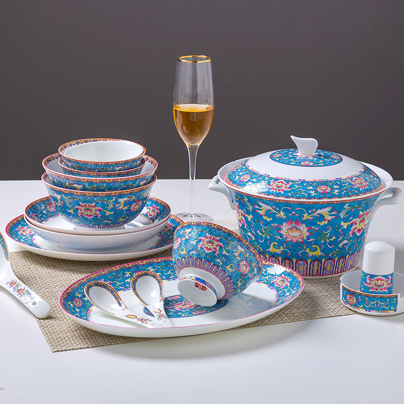 Jingdezhen Chinese style of the ancients colored enamel tableware suit kitchen bowl suit household ipads China to eat rice bowl dish combination