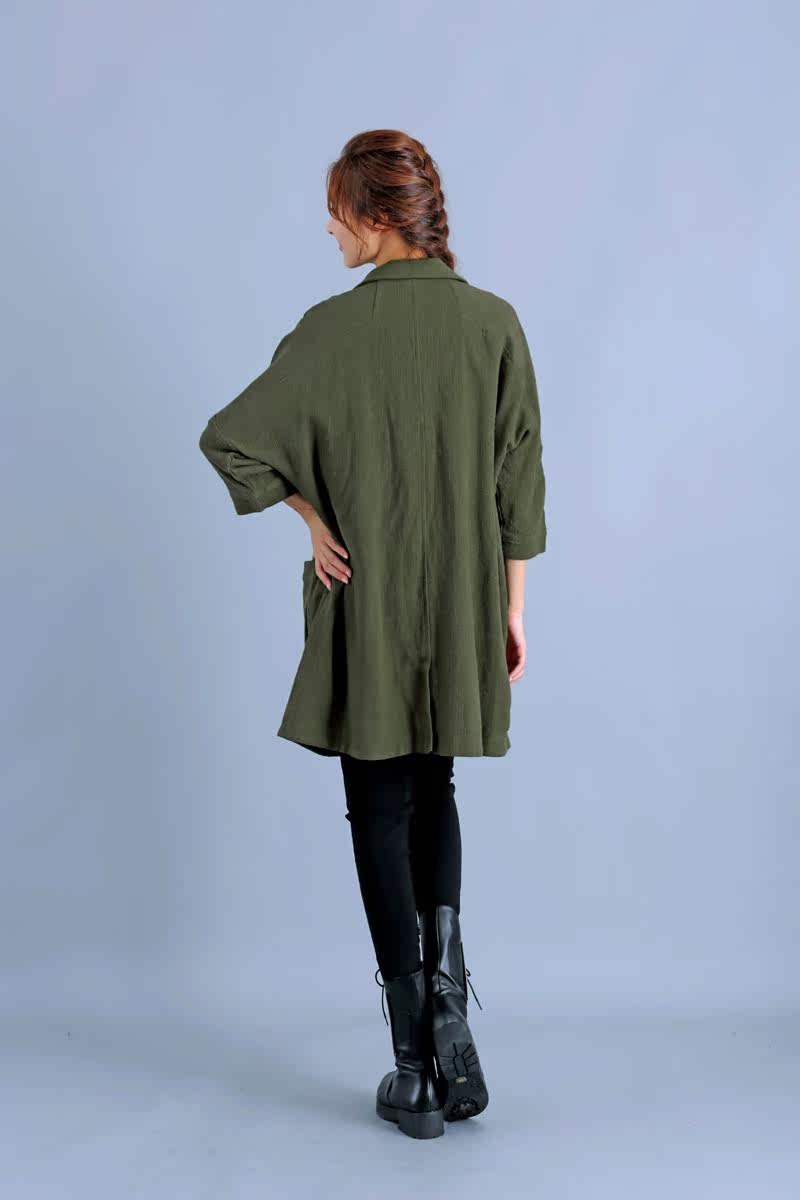 秋冬棉麻开衫外套大码宽松西装领中长款亚麻韩