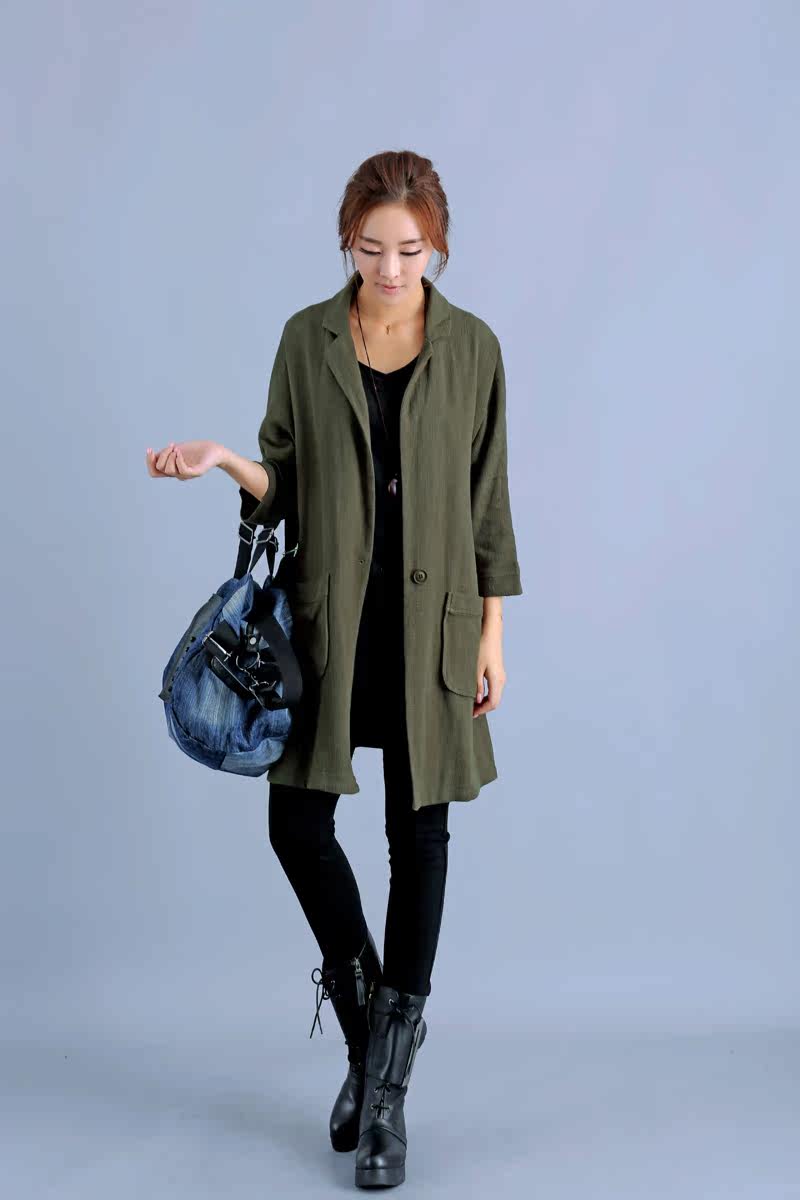 秋冬棉麻开衫外套大码宽松西装领中长款亚麻韩