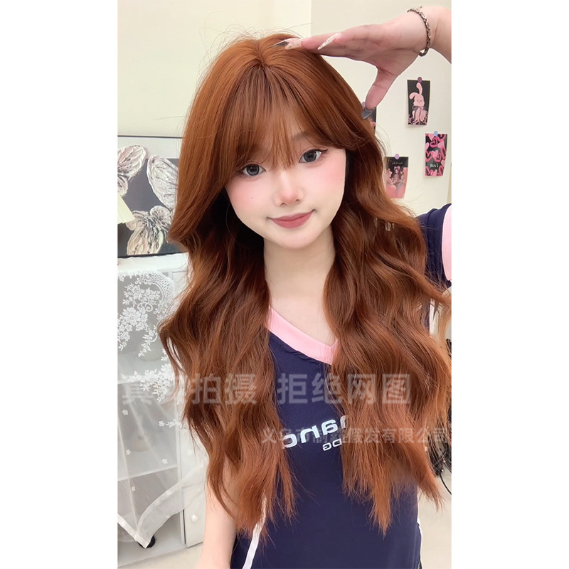 Long Curly Wig for Women, Trendy Internet Celebrity Style, Dirty Orange Color, Natural Air Bangs, Full Head Wig